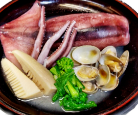 函館真イカと春野菜の酒粕いりの酒蒸し